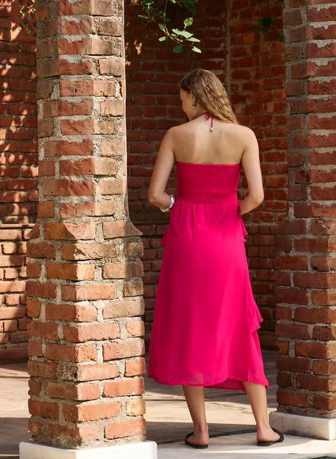 SASSAFRAS Sassafras Pink Solid Frill Halter Neck Midi Dress