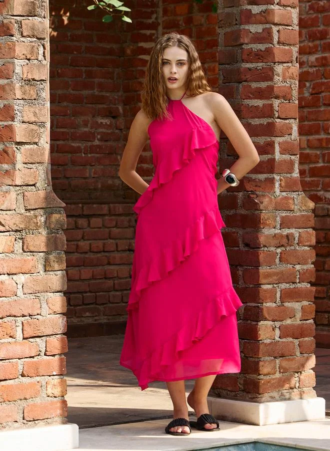 SASSAFRAS Sassafras Pink Solid Frill Halter Neck Midi Dress