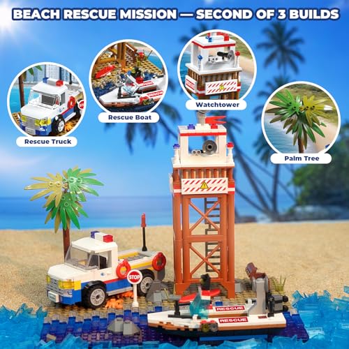 Mov stone City 3 in 1 Truck Building Set Police Beach Rescue Fishing Dock Cargo Port Coastal Diorama Model Compatible with Lego City Sets for Teens Adults 750 Pieces - Image 5