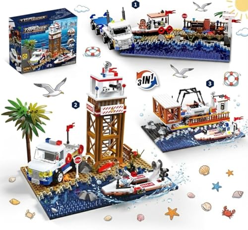 Mov stone City 3 in 1 Truck Building Set Police Beach Rescue Fishing Dock Cargo Port Coastal Diorama Model Compatible with Lego City Sets for Teens Adults 750 Pieces - Image 1