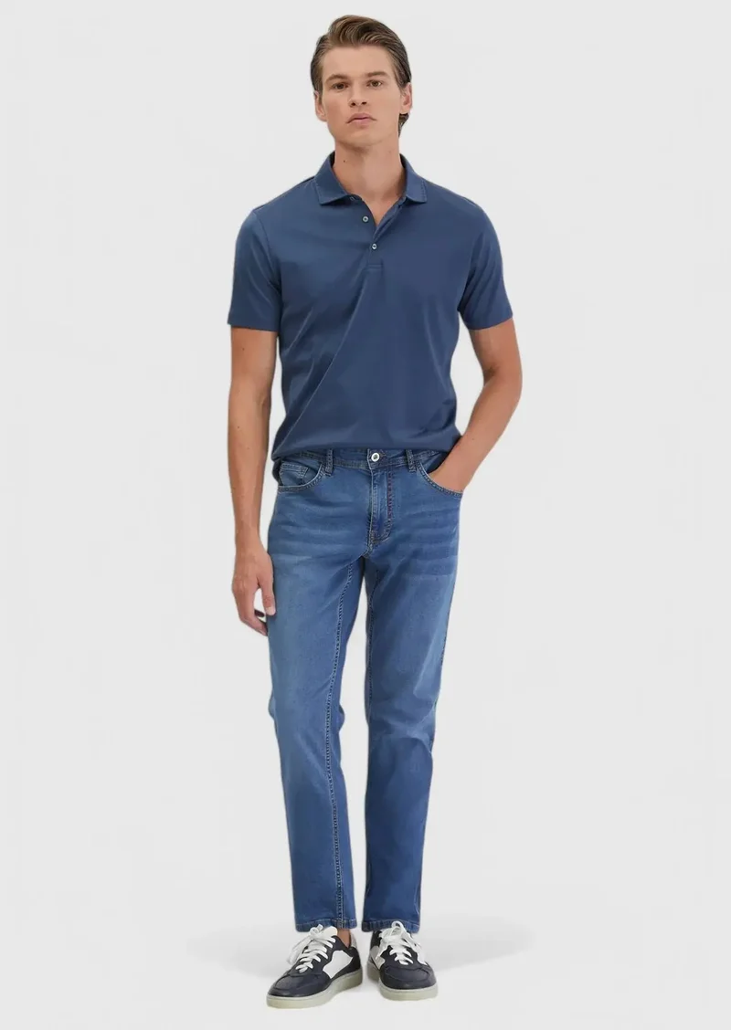 RAMSEY Blue Slim Fit Denim Cotton Blended Trousers