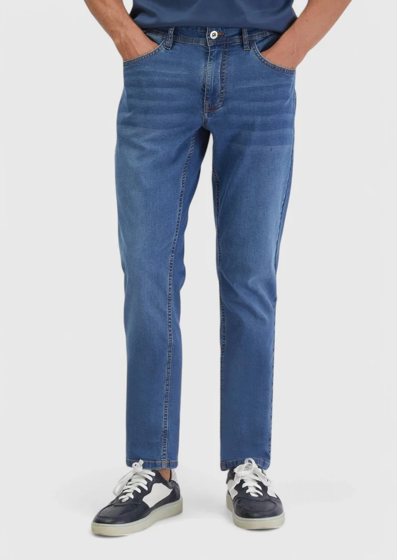 RAMSEY Blue Slim Fit Denim Cotton Blended Trousers