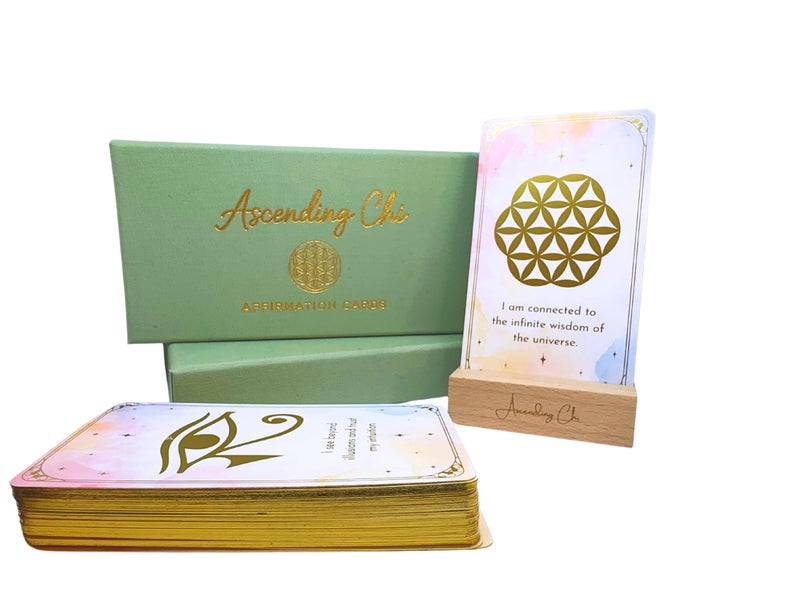 Ascending Chi Sacred Geometry Spiritual and Mindful Affirmation Cards Deck with Display Stand, Daily Affirmations for Inspiration, Mindfulness and Self Care, Spiritual Gifts for Women and Men - Image 1