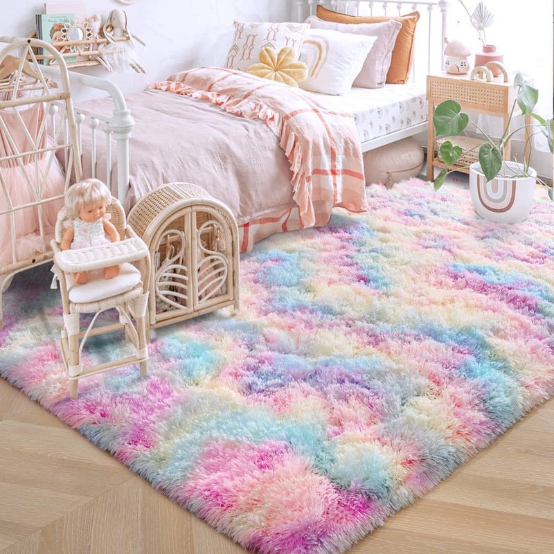 ISEAU Rainbow Rug for Girls Bedroom 3 x 5 Feet Fluffy Area Rugs for Living Room Ultra Kawaii Abstract Shaggy Colorful Carpet Fuzzy Cute Unicorn Rug for Kids Girl Room Decor