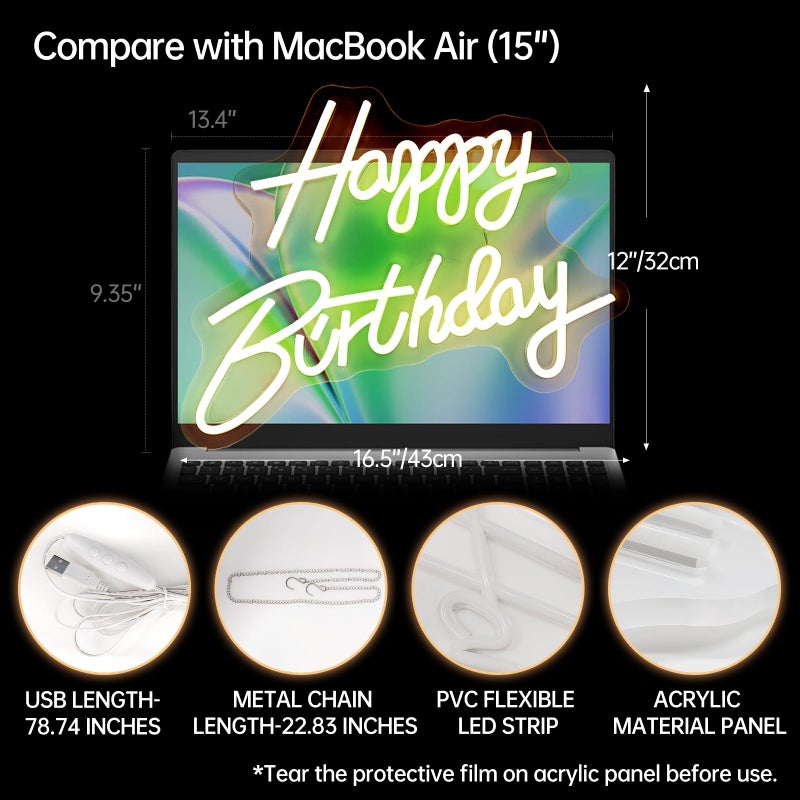 Adnkwolivt Happy Birthday Neon Sign, Happy Birthday Light Up Sign, Neon Happy Birthday Sign, Happy Birthday Led Sign for Backdrop All Birthday Party Decoration USB Powered Warm White,16.5 x 12 Inches (Plug not provided) - Image 3