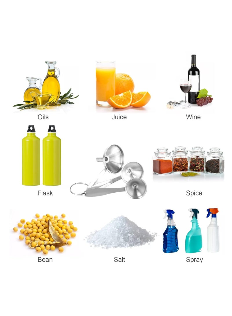 SYOSI طقم قمع كبير وصغير، 3 قطع من القمع للزيت، الخل، التوابل، تعبئة الزيوت الأساسية، تسرب الصلصة، تسرب الزيت المنزلي، 5 قطع من قمع الفولاذ المقاوم للصدأ طويل المقبض، 2 فرش تنظيف - Image 2