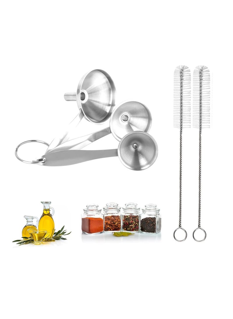 SYOSI طقم قمع كبير وصغير، 3 قطع من القمع للزيت، الخل، التوابل، تعبئة الزيوت الأساسية، تسرب الصلصة، تسرب الزيت المنزلي، 5 قطع من قمع الفولاذ المقاوم للصدأ طويل المقبض، 2 فرش تنظيف - Image 1