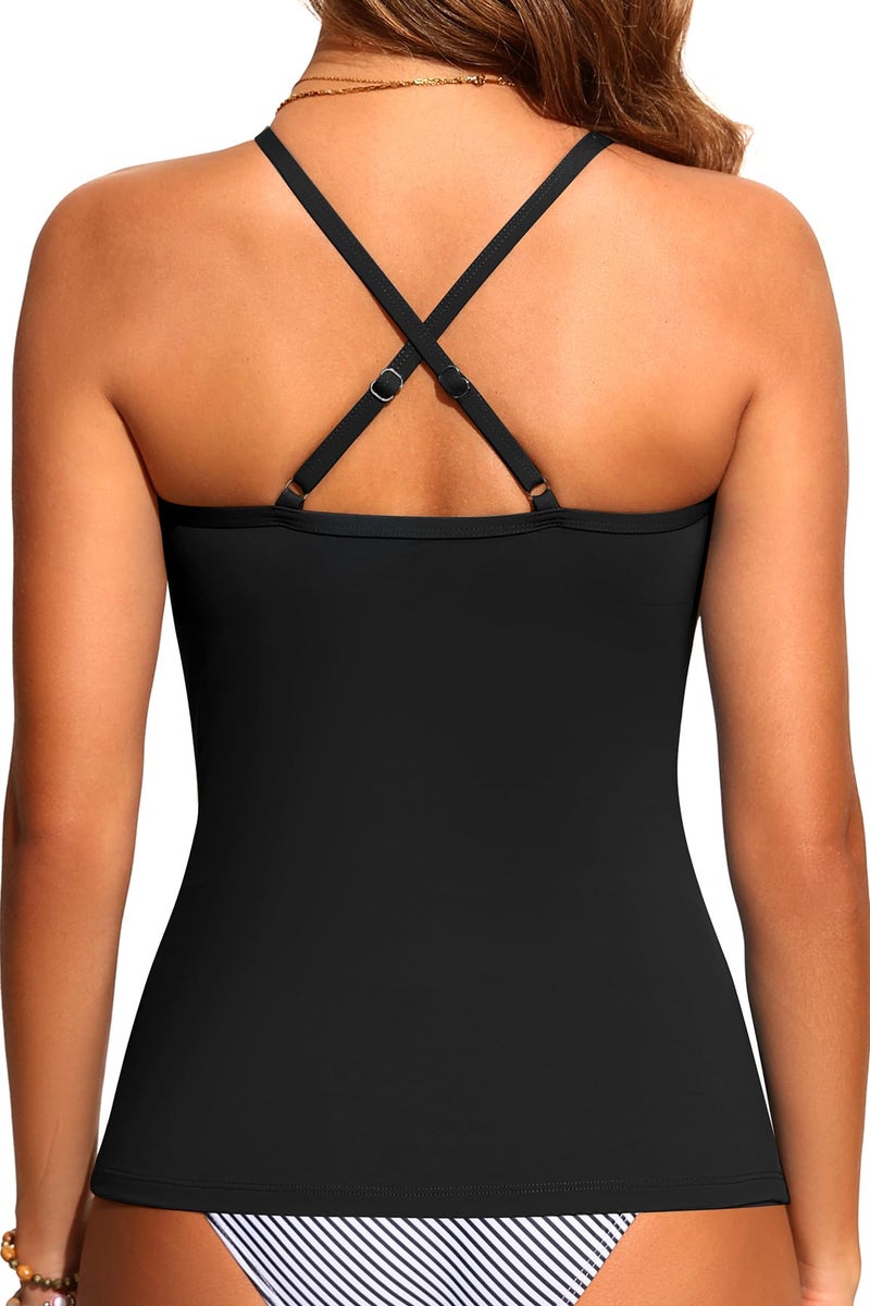 Yonique Women Tankini Swim Top Only - High Neck Bathing Suit Tops Tummy Control Tank Top No Bottom Black L - Image 2