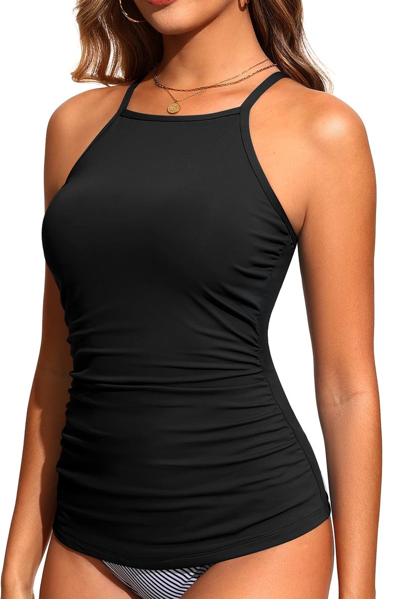 Yonique Women Tankini Swim Top Only - High Neck Bathing Suit Tops Tummy Control Tank Top No Bottom Black L - Image 5