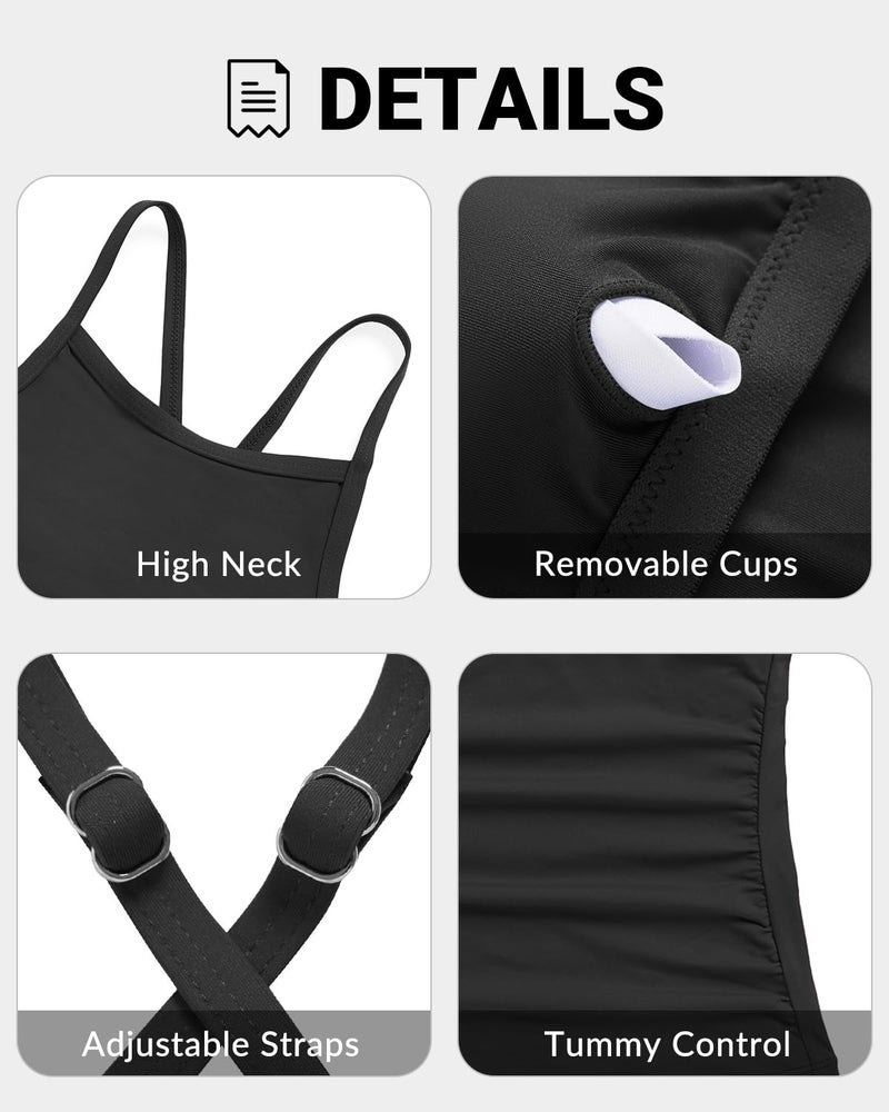 Yonique Women Tankini Swim Top Only - High Neck Bathing Suit Tops Tummy Control Tank Top No Bottom Black L - Image 3