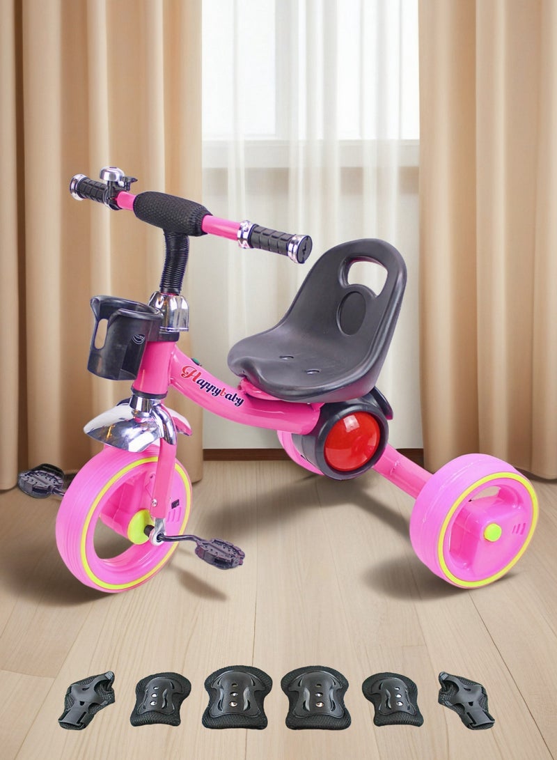 إيزي فيتشور دراجة ثلاثية العجلات للأطفال من إيزي فيوتشر مزودة بإضاءة ليد وموسيقى وسلة تخزين (أحمر/أزرق/وردي) تتضمن العبوة مجموعة معدات حماية - Image 1