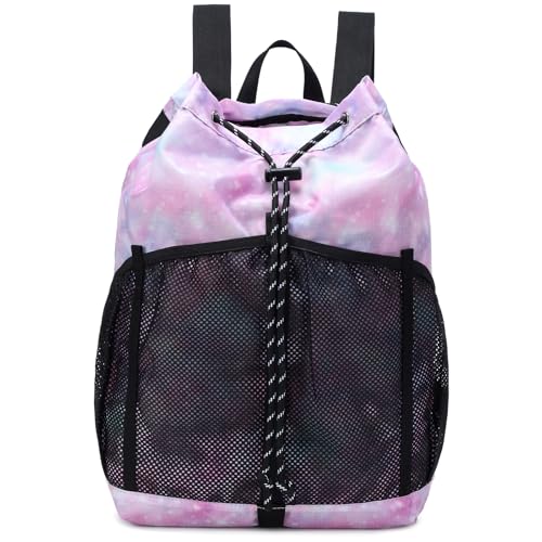 Lohol Lightweight Drawstring Backpack with Mesh Pockets for Women Men, Water Resistant String Bag for Sports Beach Swimming Camp Travel (Pink Galaxy) - Image 1