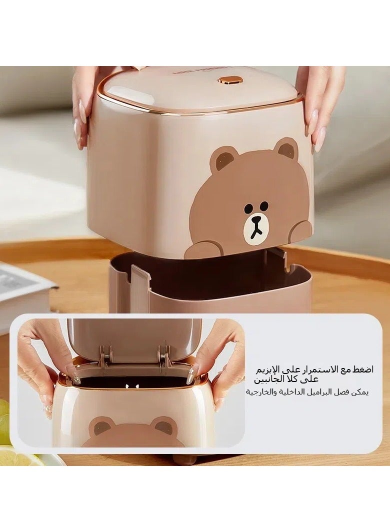 Brown Bear Desktop Trash Can with Lid, Dormitory Household Paper Basket High Value Bedroom Office Press Desktop Trash Can - Image 2