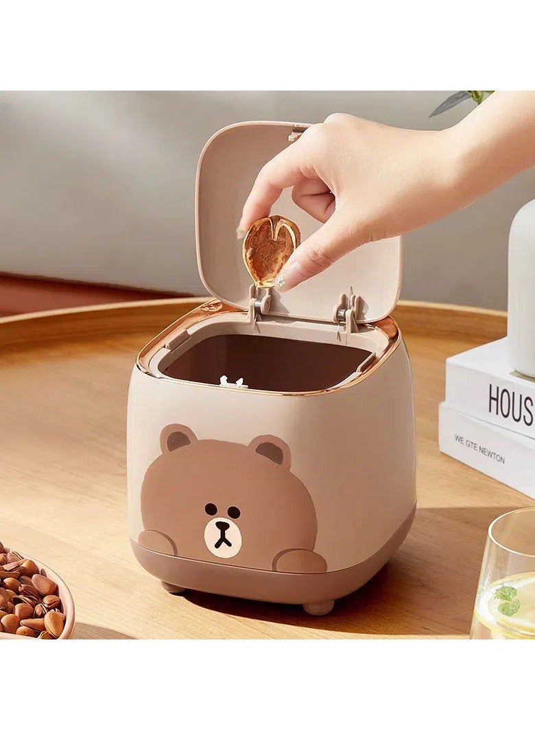 Brown Bear Desktop Trash Can with Lid, Dormitory Household Paper Basket High Value Bedroom Office Press Desktop Trash Can - Image 1