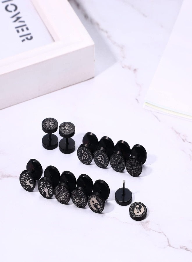 Aroncent Norse Viking Stud Earrings Set, 6Pairs Black Round Viking Earrings for Men Women Stainless Steel Fake Gauges Earrings 18g - Image 3