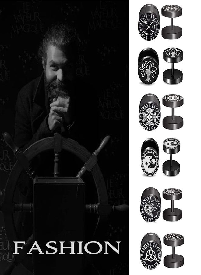 Aroncent Norse Viking Stud Earrings Set, 6Pairs Black Round Viking Earrings for Men Women Stainless Steel Fake Gauges Earrings 18g - Image 5