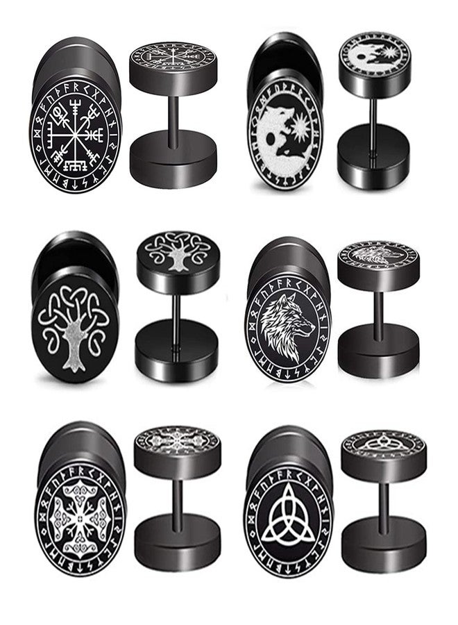 Aroncent Norse Viking Stud Earrings Set, 6Pairs Black Round Viking Earrings for Men Women Stainless Steel Fake Gauges Earrings 18g - Image 1