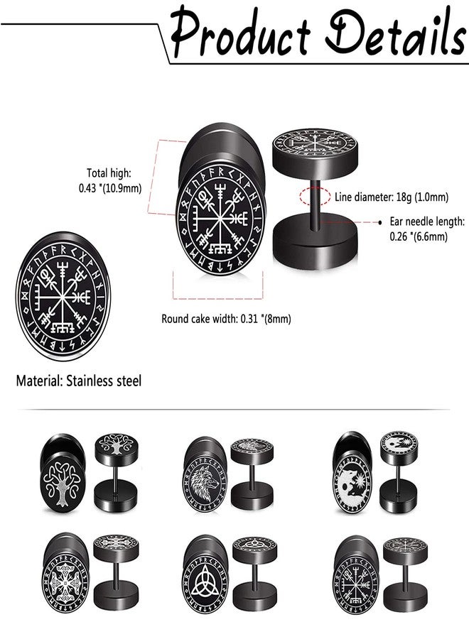 Aroncent Norse Viking Stud Earrings Set, 6Pairs Black Round Viking Earrings for Men Women Stainless Steel Fake Gauges Earrings 18g - Image 2