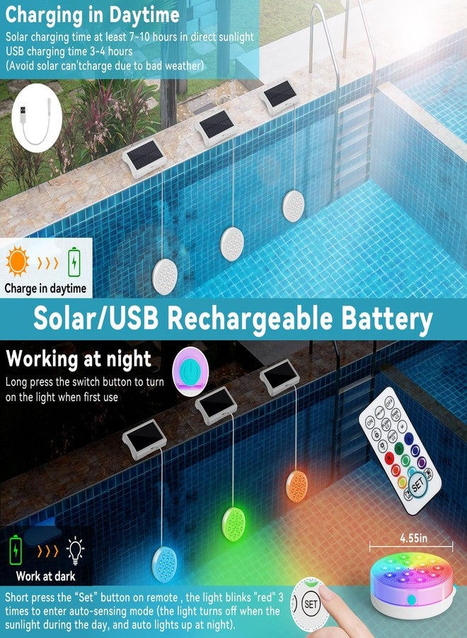 QOLNBY Upgraded Solar Powered USB Rechargeable Submersible LED Lights 2-in-1, 4.55 Inch IP68 Waterproof Pool Lights 22 Colors with Remote Magnet Solar Pool Lights for Inground Pools, Pond 4 Pack - Image 5