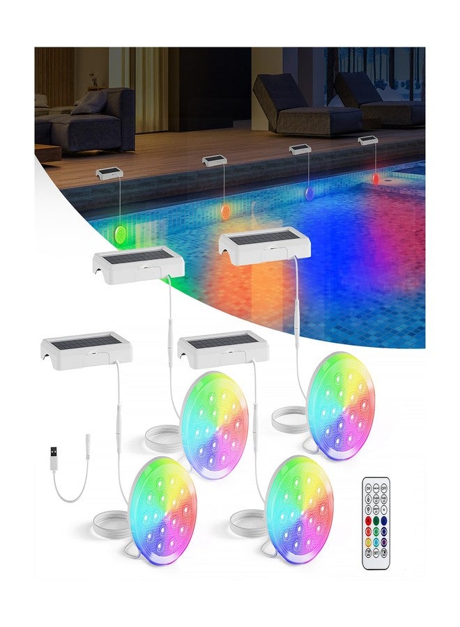 QOLNBY Upgraded Solar Powered USB Rechargeable Submersible LED Lights 2-in-1, 4.55 Inch IP68 Waterproof Pool Lights 22 Colors with Remote Magnet Solar Pool Lights for Inground Pools, Pond 4 Pack - Image 1