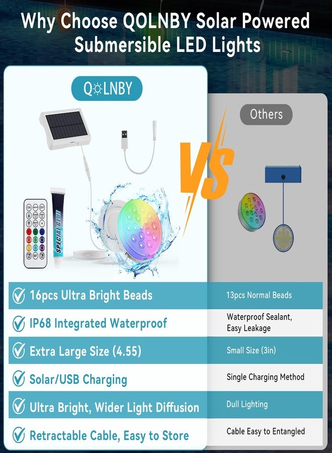 QOLNBY Upgraded Solar Powered USB Rechargeable Submersible LED Lights 2-in-1, 4.55 Inch IP68 Waterproof Pool Lights 22 Colors with Remote Magnet Solar Pool Lights for Inground Pools, Pond 4 Pack - Image 3