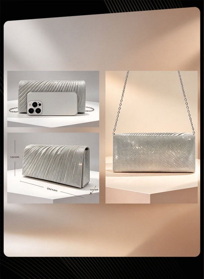 Joychic Women Ruched Evening Clutch Bag, Elegant Mini Envelope Purse with Detachable Chain for Party and Formal Events, Silver - Image 3