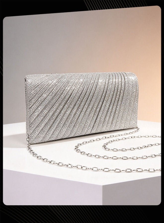 Joychic Women Ruched Evening Clutch Bag, Elegant Mini Envelope Purse with Detachable Chain for Party and Formal Events, Silver - Image 2