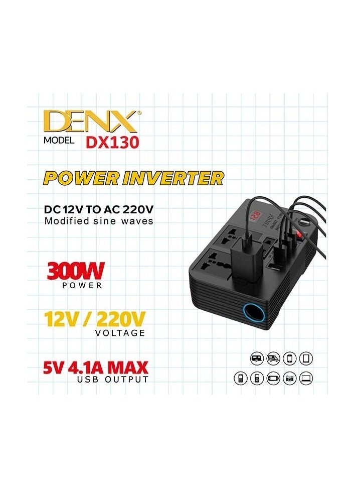 Denx - Car Power Inverter, 12V to 220V High Frequency Modified Sine Wave Inverter 300W Multi-Port - Image 1