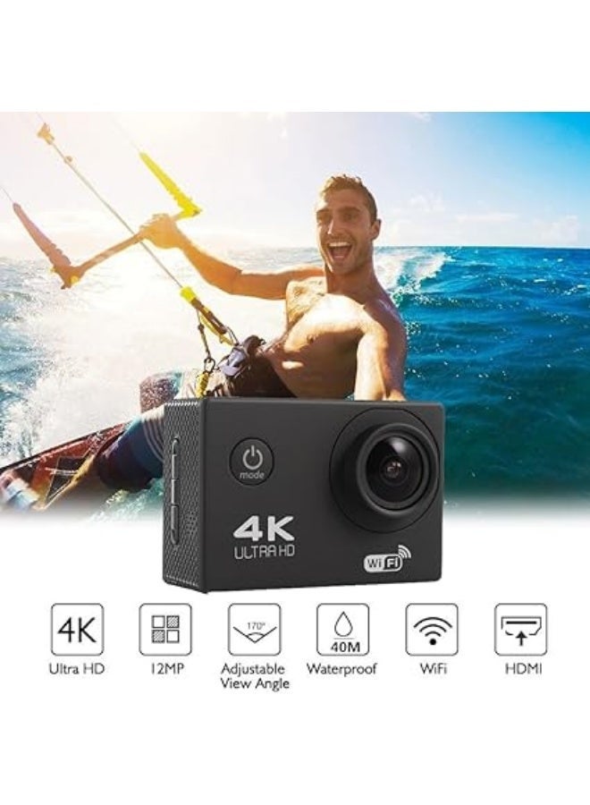 كاميرا أكشن بدقة 4K - واي فاي -عدسة واسعة الزاوية- كاميرا تصوير فيديو مقاومة للماء حتى عمق 30 مترًا مع تقريب بصري - مع مجموعة ملحقات كاملة لتصوير فيديوهات يوتيوب، وتصوير فيديوهات الدراجات النارية، والسفر، أسود - Image 1