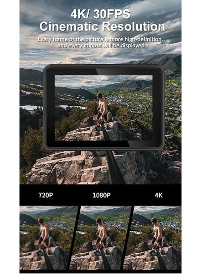 كاميرا أكشن بدقة 4K - واي فاي -عدسة واسعة الزاوية- كاميرا تصوير فيديو مقاومة للماء حتى عمق 30 مترًا مع تقريب بصري - مع مجموعة ملحقات كاملة لتصوير فيديوهات يوتيوب، وتصوير فيديوهات الدراجات النارية، والسفر، أسود - Image 5