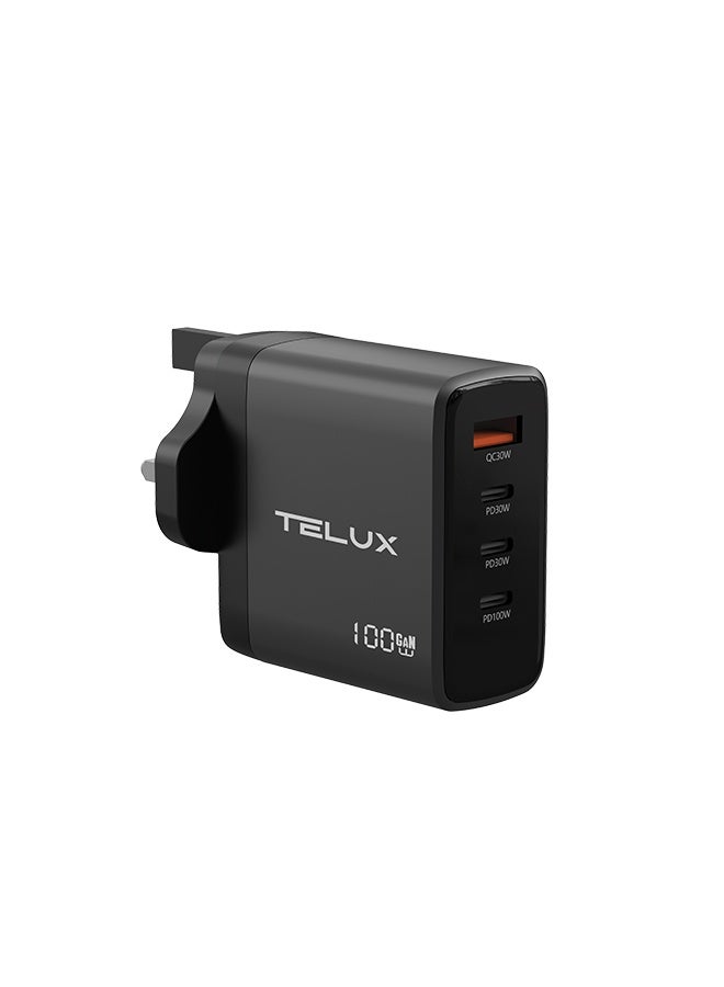 TELUX VOLTFLOW 100W Type-C Wall Charger, 4-Port Fast Charging for Laptop, Tablet & Mobile, Overcharge & Short Circuit Protection, Compact & Universal Compatibility, Black - Image 1