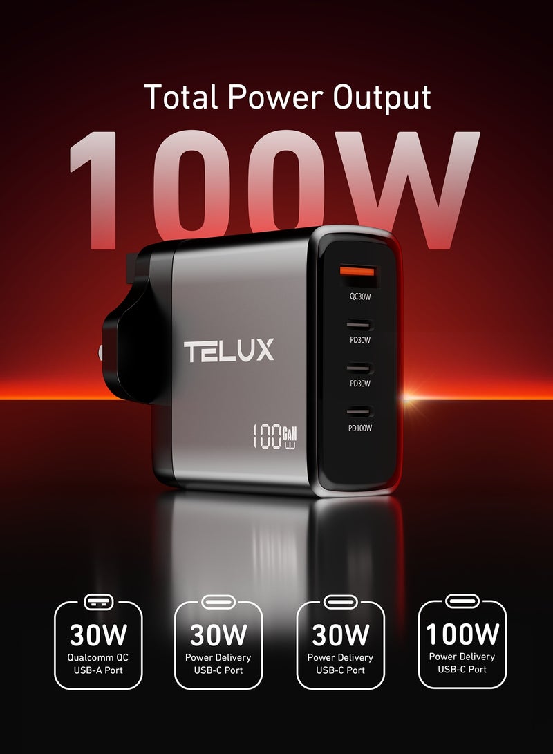 TELUX VOLTFLOW 100W Type-C Wall Charger, 4-Port Fast Charging for Laptop, Tablet & Mobile, Overcharge & Short Circuit Protection, Compact & Universal Compatibility, Black - Image 2