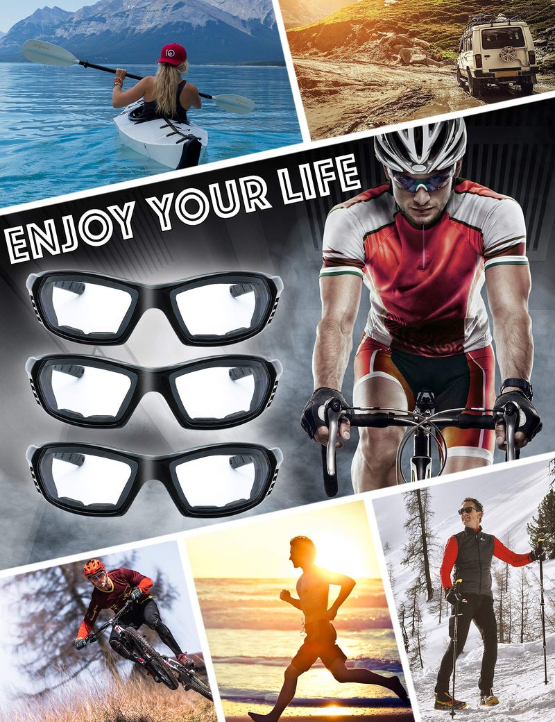 The Fresh Motorcycle Riding Glasses Padded Frame Lens Block 100% UVB for Outdoor Activity Sport (22-Black, 3 Pairs of Clear) - Image 3