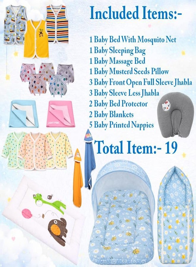 Kwitchy Newborn Baby Essentials Kit 19 Items Combo | New Born Baby Products All Set 0–6 Months | Cotton Newborn Clothes, Bedding & Baby Bed Combo (Blue) - Image 3