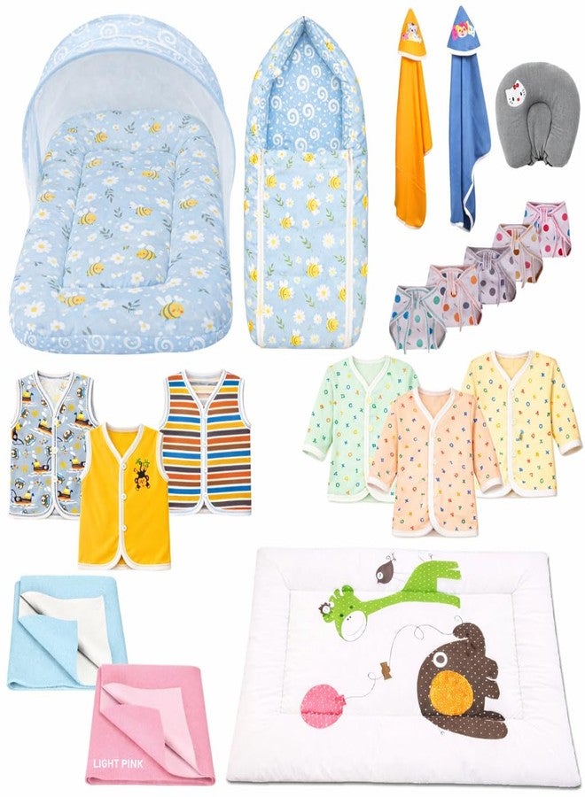Kwitchy Newborn Baby Essentials Kit 19 Items Combo | New Born Baby Products All Set 0–6 Months | Cotton Newborn Clothes, Bedding & Baby Bed Combo (Blue) - Image 1