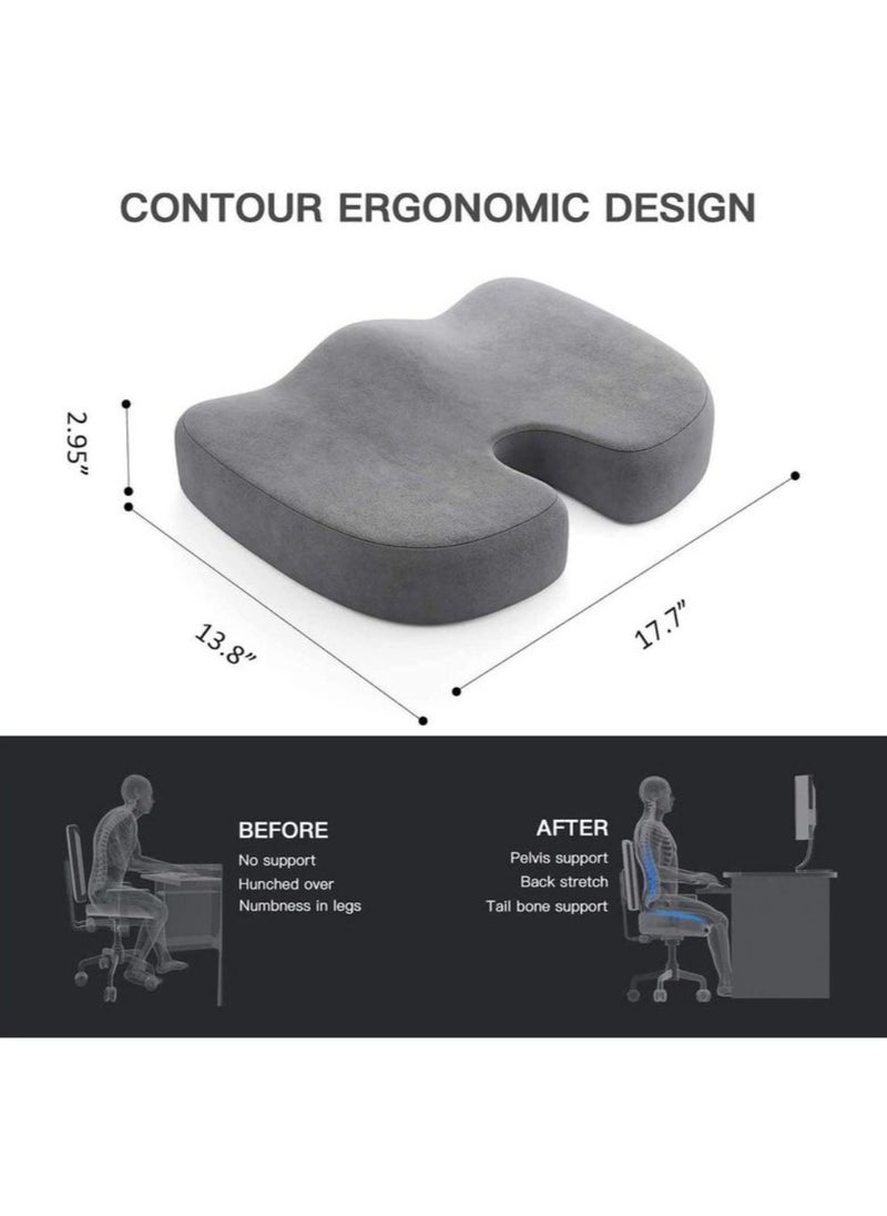 Gel Seat Cushion Memory Foam Coccyx Cushion U Shape with Soft Velour Cover Non Slip Bottom for Sciatica Tailbone Low Back Pain Herniated Disc Car Home Office Wheelchair Grey