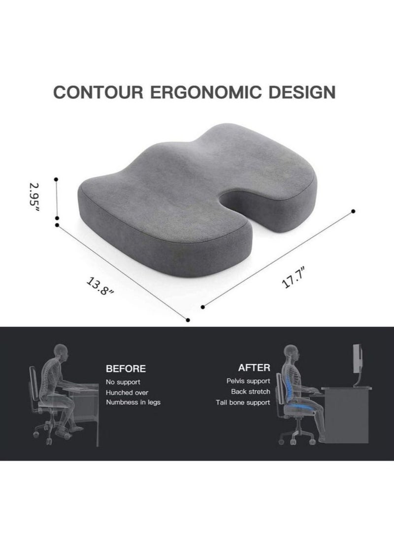 LEDIN - Gel Seat Cushion Memory Foam Coccyx Cushion U Shape with Soft Velour Cover Non Slip Bottom for Sciatica Tailbone Low Back Pain Herniated Disc Car Home Office Wheelchair Grey - Image 1