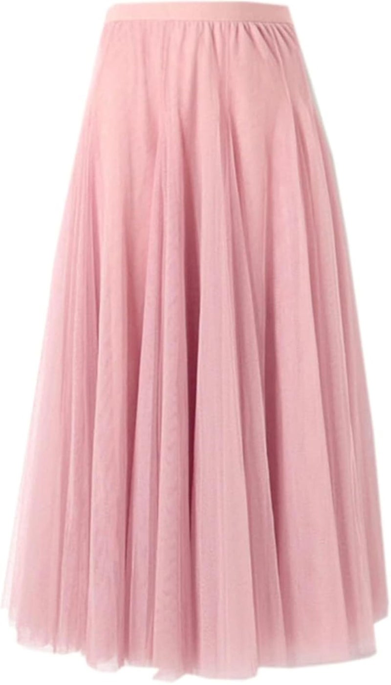SANGTREE Women's Tulle Skirts Elastic High Waist A-Line Layered Tutu Mesh Flowy Skirt Ankle Length, 2#Pink, Large - Image 1