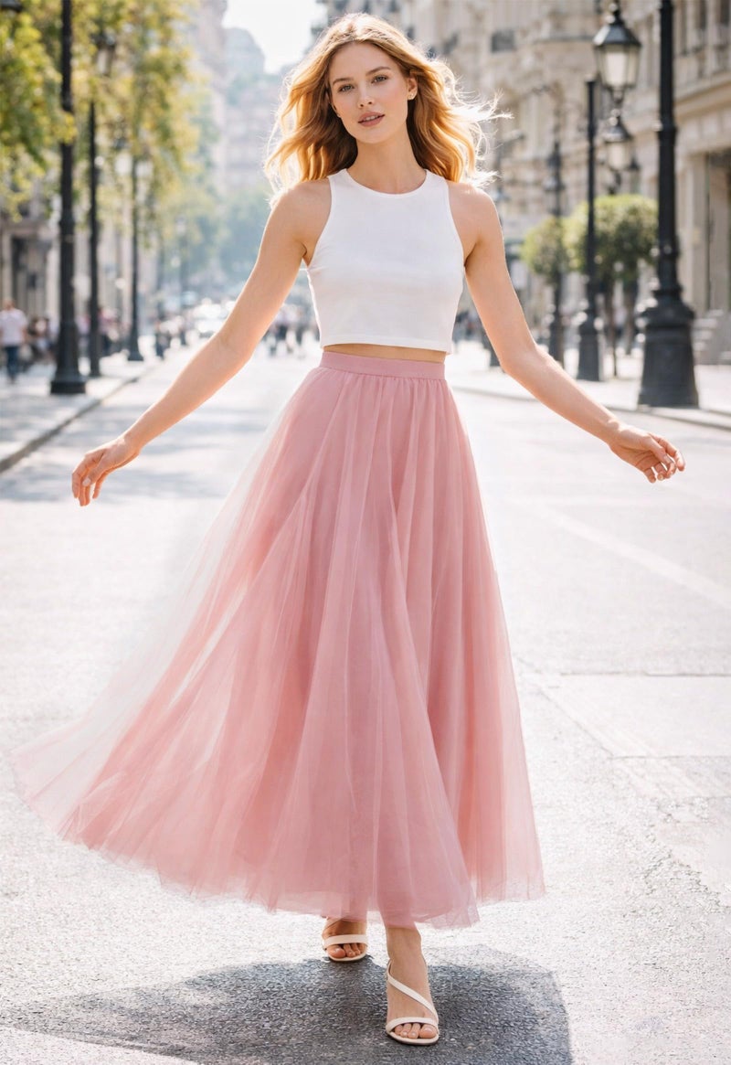SANGTREE Women's Tulle Skirts Elastic High Waist A-Line Layered Tutu Mesh Flowy Skirt Ankle Length, 2#Pink, Large - Image 3