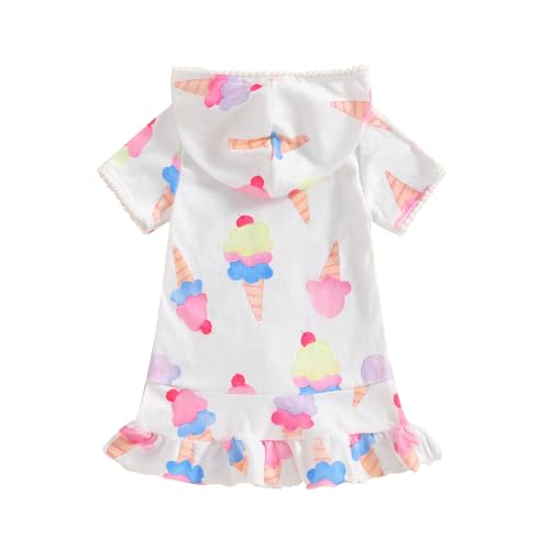 Licupiee Girls Hooded Zip Terry Coverups Swimsuit Kids Baby Girl Floral Print Short Sleeve Swim Cover-Up Swimwear (White Ice Cream, 12-24 Months) - Image 4