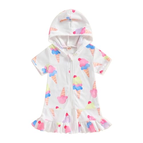 Licupiee Girls Hooded Zip Terry Coverups Swimsuit Kids Baby Girl Floral Print Short Sleeve Swim Cover-Up Swimwear (White Ice Cream, 12-24 Months) - Image 1