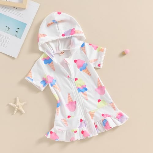 Licupiee Girls Hooded Zip Terry Coverups Swimsuit Kids Baby Girl Floral Print Short Sleeve Swim Cover-Up Swimwear (White Ice Cream, 12-24 Months) - Image 3