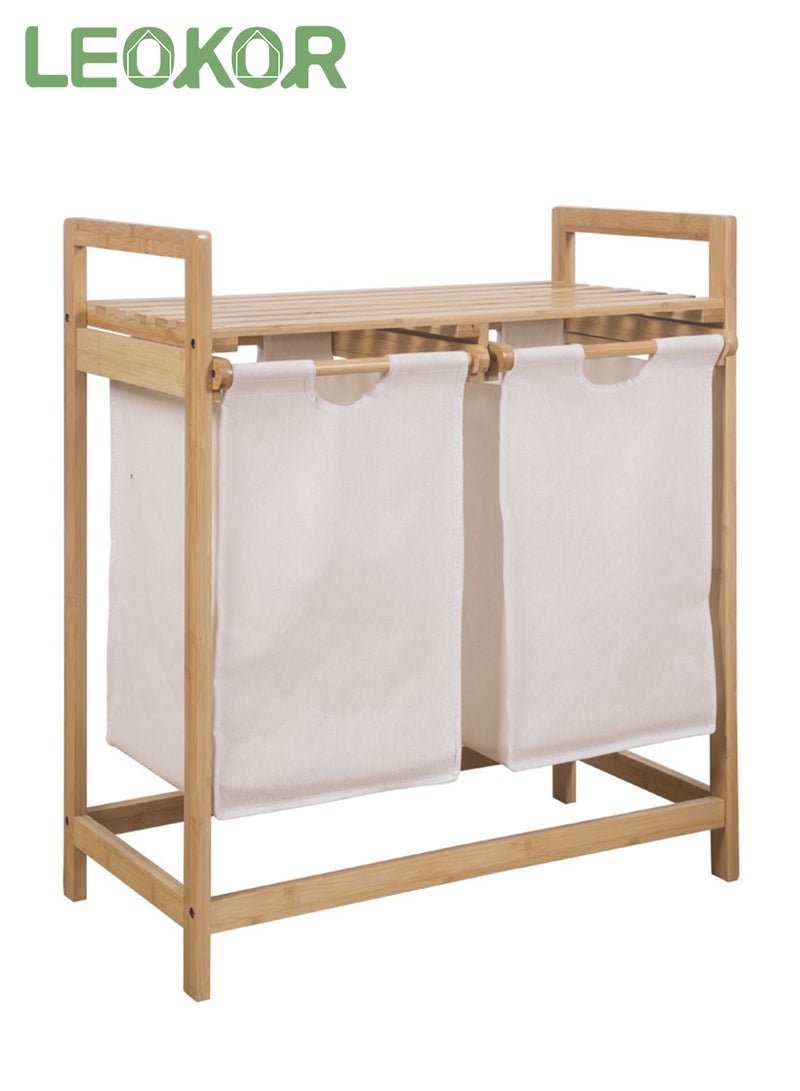 LEOKOR Bamboo Double Laundry Hamper with Shelf, Two-Section Laundry Basket with Removable Sliding Bags, Freestanding Laundry Sorter for Bathroom Bedroom Living Room Laundry Room - Image 1