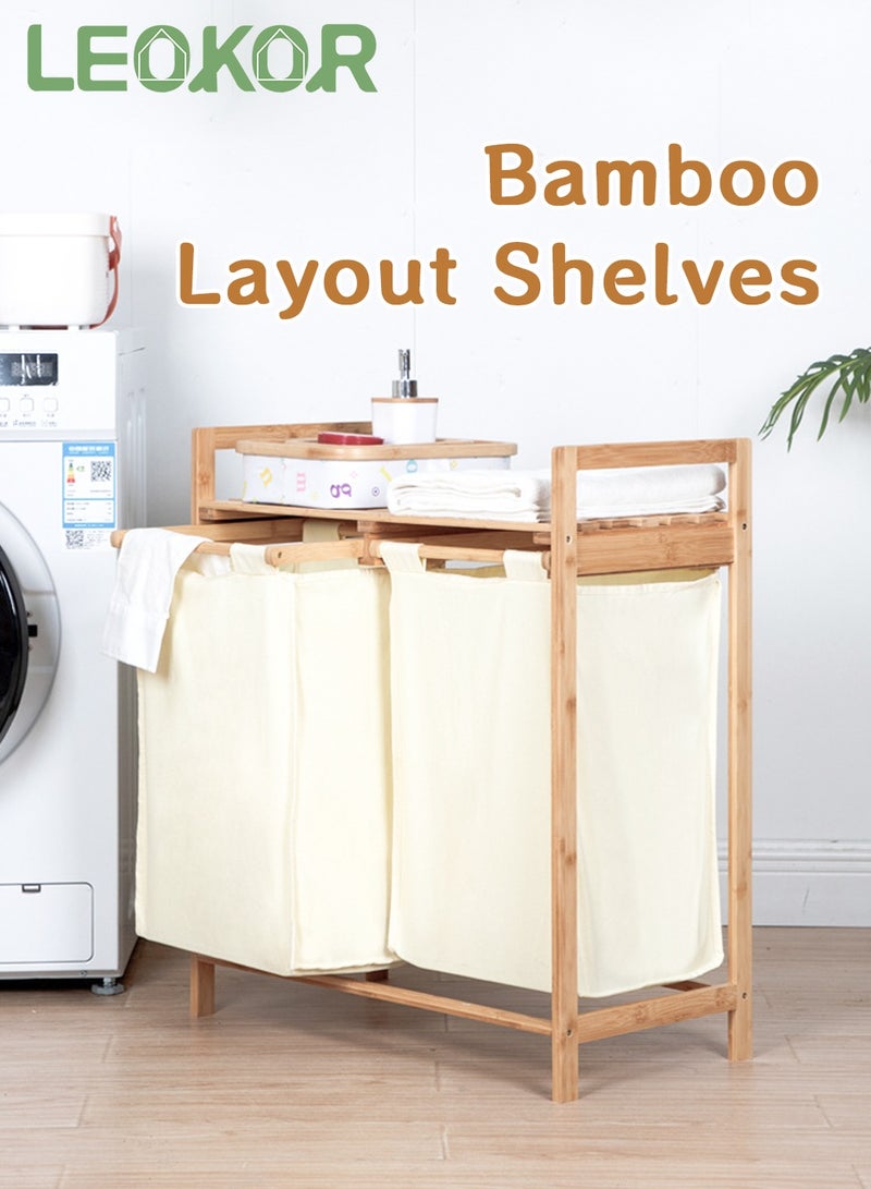 LEOKOR Bamboo Double Laundry Hamper with Shelf, Two-Section Laundry Basket with Removable Sliding Bags, Freestanding Laundry Sorter for Bathroom Bedroom Living Room Laundry Room - Image 3