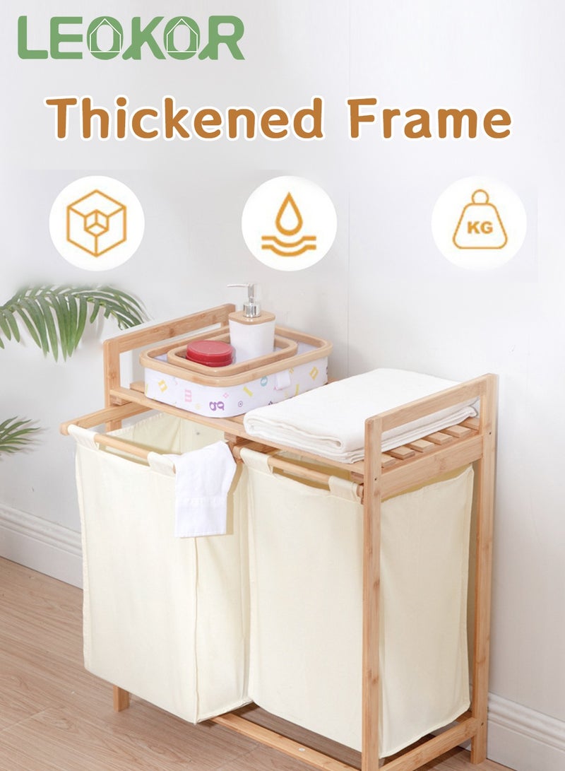 LEOKOR Bamboo Double Laundry Hamper with Shelf, Two-Section Laundry Basket with Removable Sliding Bags, Freestanding Laundry Sorter for Bathroom Bedroom Living Room Laundry Room - Image 4