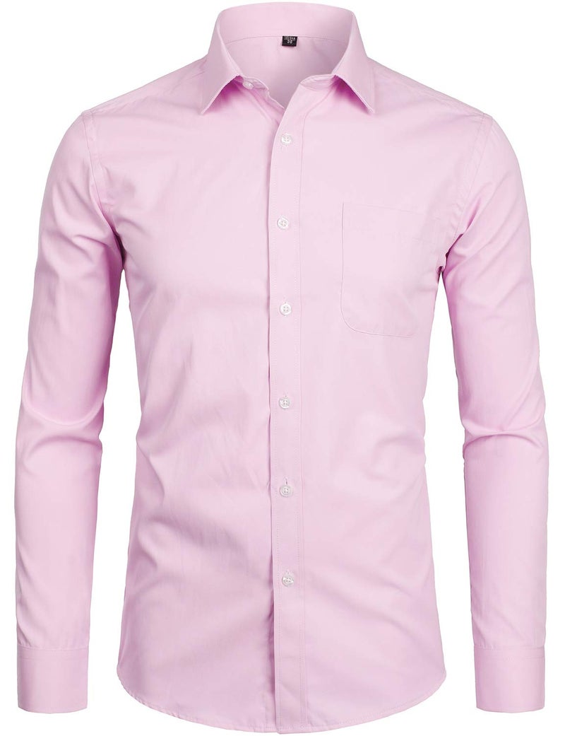 ZEROYAA Men's Long Sleeve Dress Shirt Solid Slim Fit Casual Business Formal Button Up Shirts with Pocket ZSSCL01 Pink Large - Image 1