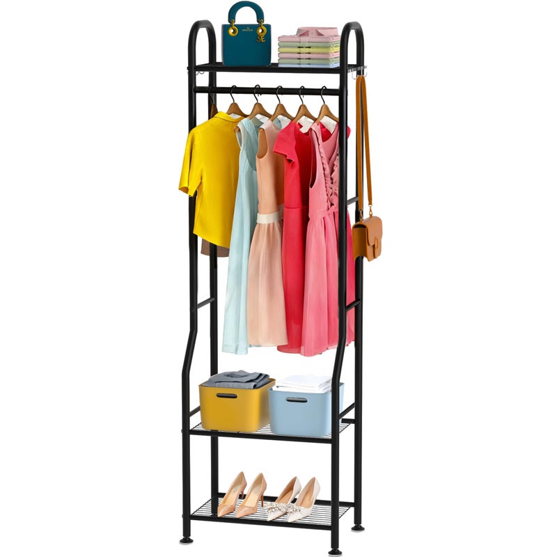 GloTika Narrow Clothes Rack - Clothing Rack with 3 Tier Metal Shelves, 71.9 Inch Tall Garment Rack with 8 Hooks, Freestanding Closet Organizer with Adjustable Leveling Feet for Small Space (Black) - Image 1