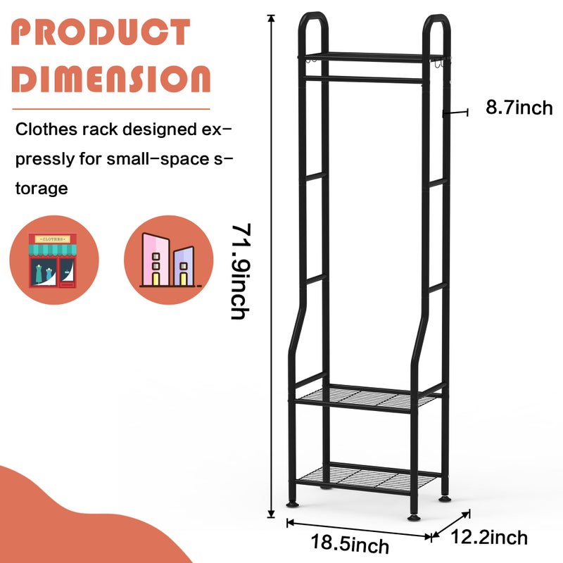 GloTika Narrow Clothes Rack - Clothing Rack with 3 Tier Metal Shelves, 71.9 Inch Tall Garment Rack with 8 Hooks, Freestanding Closet Organizer with Adjustable Leveling Feet for Small Space (Black) - Image 3
