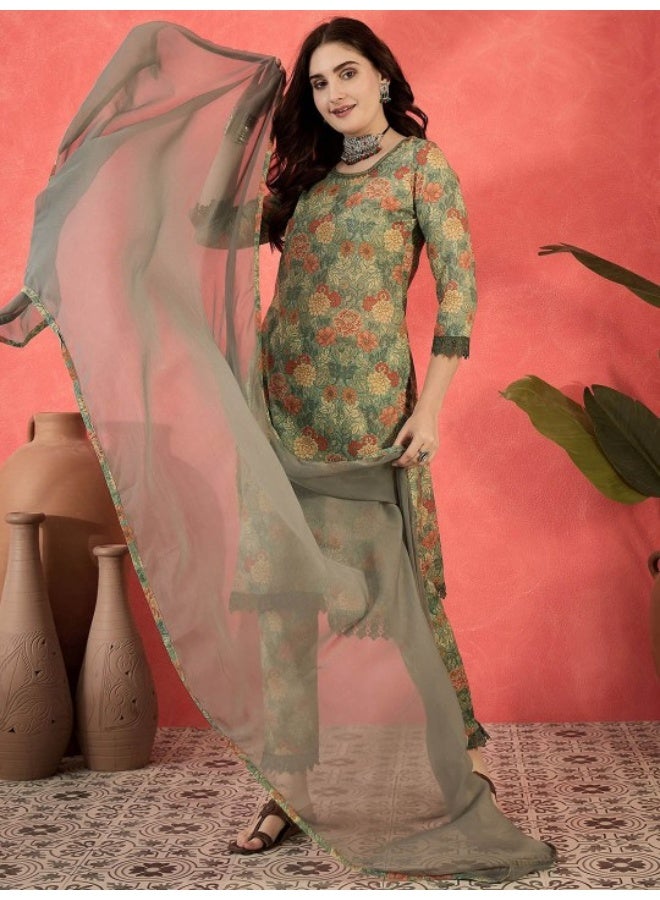 AKS Green Floral Lace Detail Printed Kurta Set With Dupatta  - Image 4