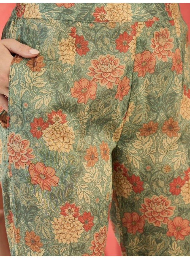 AKS Green Floral Lace Detail Printed Kurta Set With Dupatta  - Image 3
